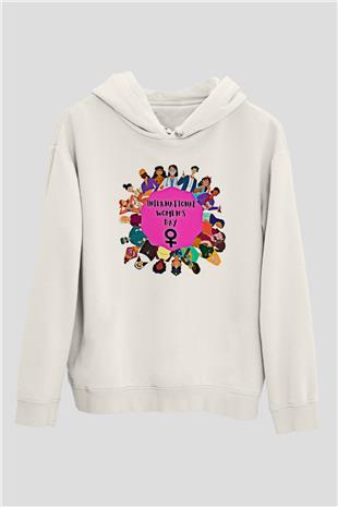 Kadınlar Günü Baskılı Beyaz Unisex Kapüşonlu Sweatshirt