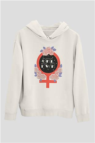 Kadınlar Günü Baskılı Beyaz Unisex Kapüşonlu Sweatshirt