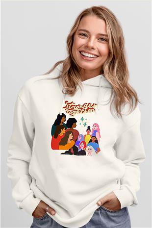 Kadınlar Günü Baskılı Beyaz Unisex Kapüşonlu Sweatshirt