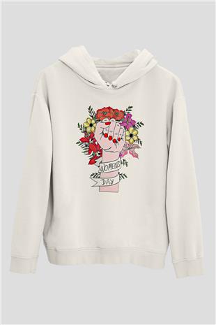 Kadınlar Günü Baskılı Beyaz Unisex Kapüşonlu Sweatshirt