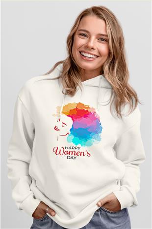 Kadınlar Günü Baskılı Beyaz Unisex Kapüşonlu Sweatshirt