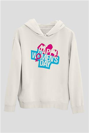 Kadınlar Günü Baskılı Beyaz Unisex Kapüşonlu Sweatshirt