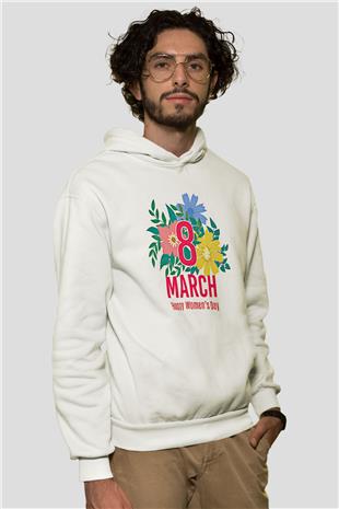 Kadınlar Günü Baskılı Beyaz Unisex Kapüşonlu Sweatshirt