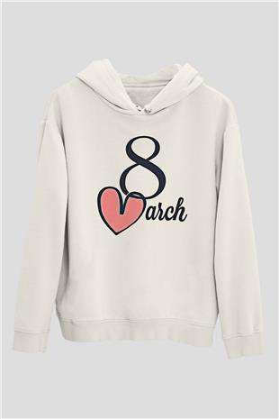 Kadınlar Günü Baskılı Beyaz Unisex Kapüşonlu Sweatshirt