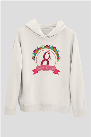 Kadınlar Günü Baskılı Beyaz Unisex Kapüşonlu Sweatshirt