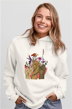 Kadınlar Günü Baskılı Beyaz Unisex Kapüşonlu Sweatshirt