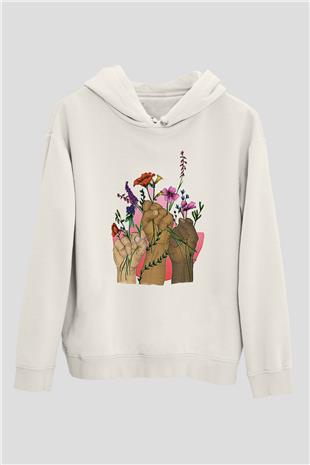 Kadınlar Günü Baskılı Beyaz Unisex Kapüşonlu Sweatshirt