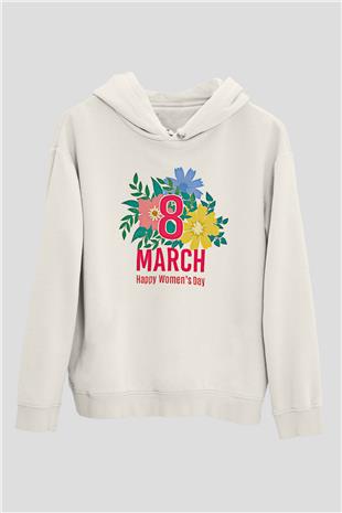 Kadınlar Günü Baskılı Beyaz Unisex Kapüşonlu Sweatshirt