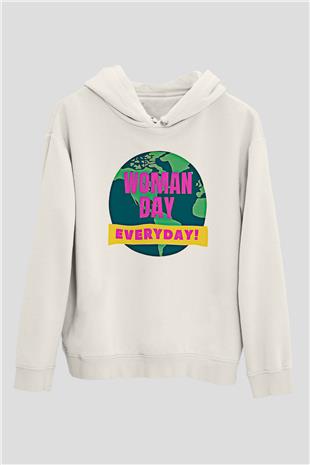 Kadınlar Günü Baskılı Beyaz Unisex Kapüşonlu Sweatshirt