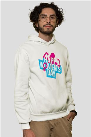 Kadınlar Günü Baskılı Beyaz Unisex Kapüşonlu Sweatshirt