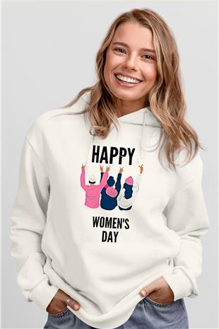 Kadınlar Günü Baskılı Beyaz Unisex Kapüşonlu Sweatshirt