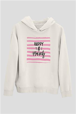 Kadınlar Günü Baskılı Beyaz Unisex Kapüşonlu Sweatshirt