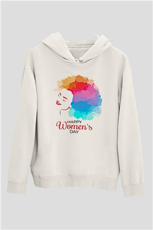 Kadınlar Günü Baskılı Beyaz Unisex Kapüşonlu Sweatshirt