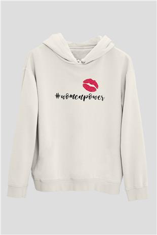 Kadınlar Günü Baskılı Beyaz Unisex Kapüşonlu Sweatshirt