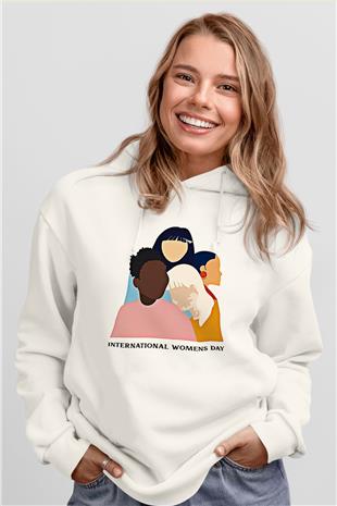 Kadınlar Günü Baskılı Beyaz Unisex Kapüşonlu Sweatshirt