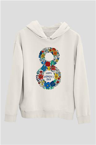 Kadınlar Günü Baskılı Beyaz Unisex Kapüşonlu Sweatshirt