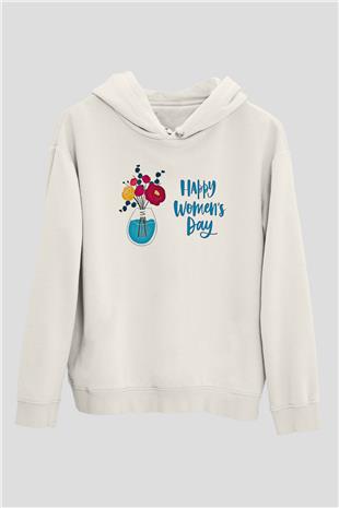 Kadınlar Günü Baskılı Beyaz Unisex Kapüşonlu Sweatshirt