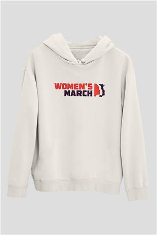 Kadınlar Günü Baskılı Beyaz Unisex Kapüşonlu Sweatshirt