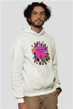 Kadınlar Günü Baskılı Beyaz Unisex Kapüşonlu Sweatshirt