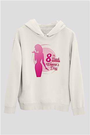 Kadınlar Günü Baskılı Beyaz Unisex Kapüşonlu Sweatshirt