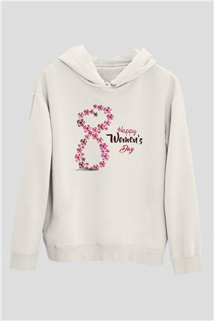 Kadınlar Günü Baskılı Beyaz Unisex Kapüşonlu Sweatshirt