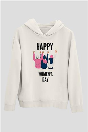 Kadınlar Günü Baskılı Beyaz Unisex Kapüşonlu Sweatshirt
