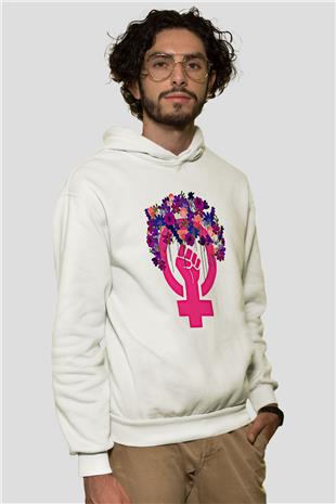 Kadınlar Günü Baskılı Beyaz Unisex Kapüşonlu Sweatshirt