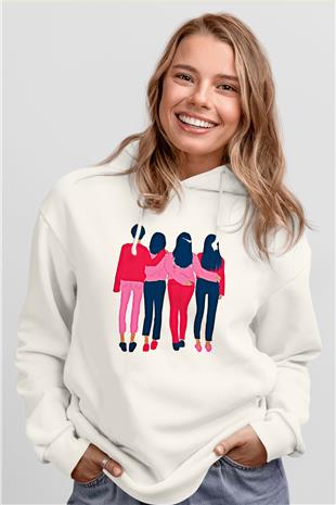 Kadınlar Günü Baskılı Beyaz Unisex Kapüşonlu Sweatshirt