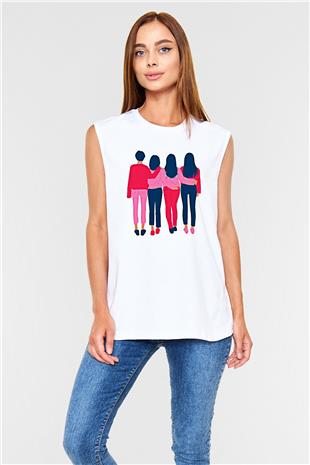 Kadınlar Günü Baskılı Beyaz Unisex Kolsuz Tişört - Tshirt