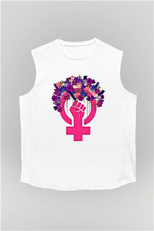 Kadınlar Günü Baskılı Beyaz Unisex Kolsuz Tişört - Tshirt