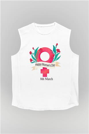 Kadınlar Günü Baskılı Beyaz Unisex Kolsuz Tişört - Tshirt