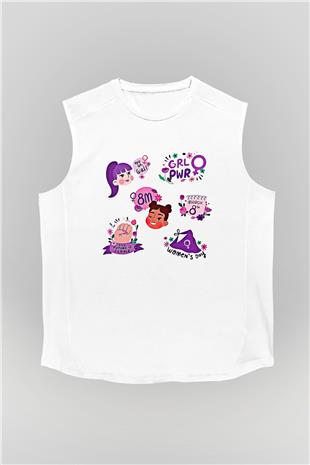 Kadınlar Günü Baskılı Beyaz Unisex Kolsuz Tişört - Tshirt