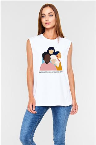 Kadınlar Günü Baskılı Beyaz Unisex Kolsuz Tişört - Tshirt