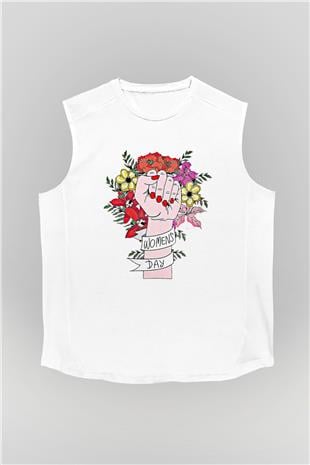 Kadınlar Günü Baskılı Beyaz Unisex Kolsuz Tişört - Tshirt