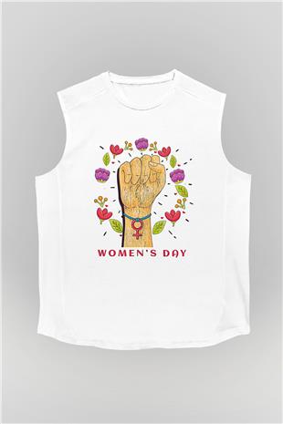 Kadınlar Günü Baskılı Beyaz Unisex Kolsuz Tişört - Tshirt