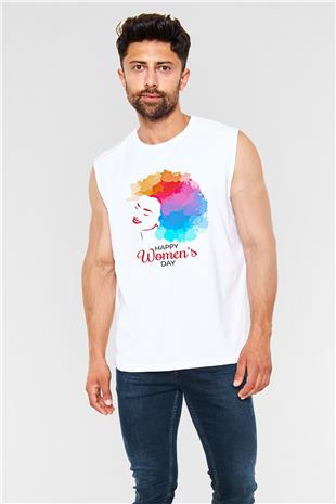 Kadınlar Günü Baskılı Beyaz Unisex Kolsuz Tişört - Tshirt