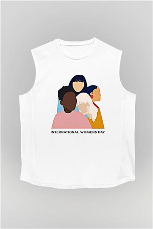 Kadınlar Günü Baskılı Beyaz Unisex Kolsuz Tişört - Tshirt