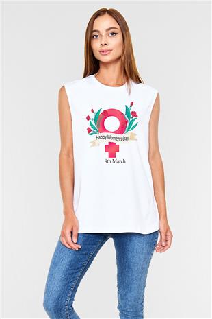 Kadınlar Günü Baskılı Beyaz Unisex Kolsuz Tişört - Tshirt