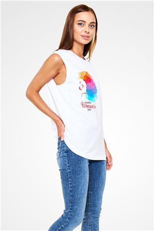 Kadınlar Günü Baskılı Beyaz Unisex Kolsuz Tişört - Tshirt