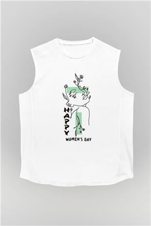 Kadınlar Günü Baskılı Beyaz Unisex Kolsuz Tişört - Tshirt