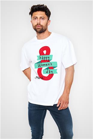 Kadınlar Günü Baskılı Beyaz Unisex Oversize Tişört - Tshirt