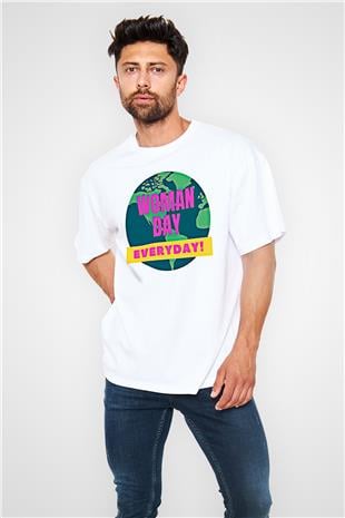 Kadınlar Günü Baskılı Beyaz Unisex Oversize Tişört - Tshirt