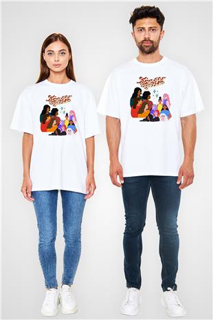 Kadınlar Günü Baskılı Beyaz Unisex Oversize Tişört - Tshirt