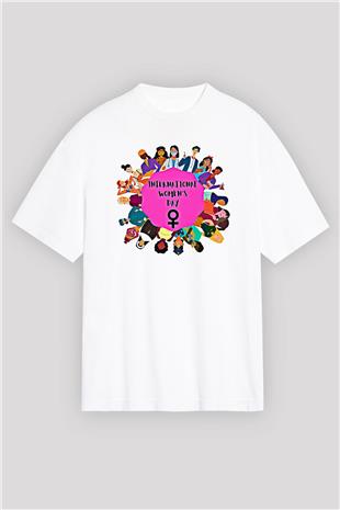 Kadınlar Günü Baskılı Beyaz Unisex Oversize Tişört - Tshirt