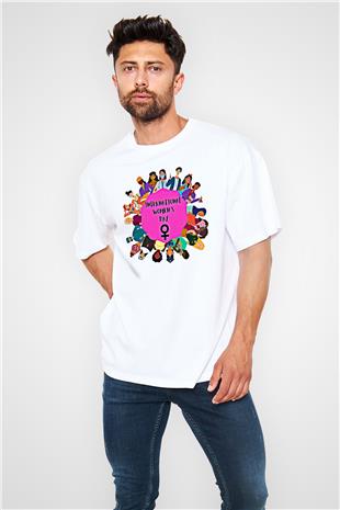 Kadınlar Günü Baskılı Beyaz Unisex Oversize Tişört - Tshirt