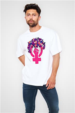 Kadınlar Günü Baskılı Beyaz Unisex Oversize Tişört - Tshirt