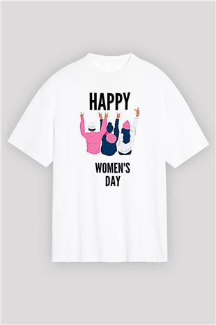 Kadınlar Günü Baskılı Beyaz Unisex Oversize Tişört - Tshirt