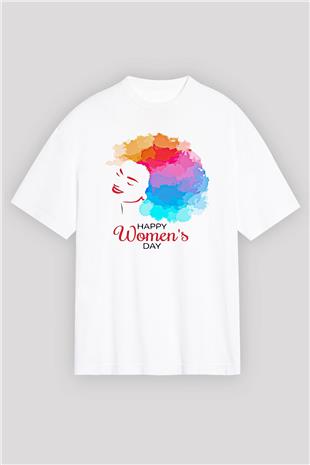 Kadınlar Günü Baskılı Beyaz Unisex Oversize Tişört - Tshirt