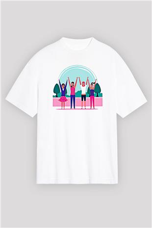 Kadınlar Günü Baskılı Beyaz Unisex Oversize Tişört - Tshirt