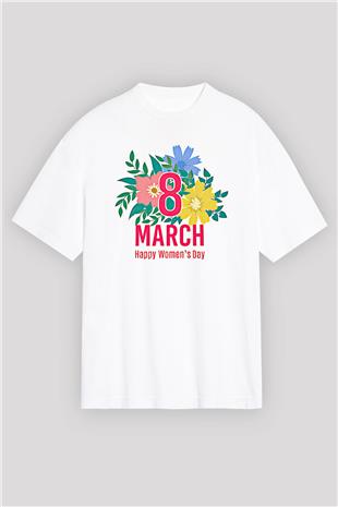 Kadınlar Günü Baskılı Beyaz Unisex Oversize Tişört - Tshirt